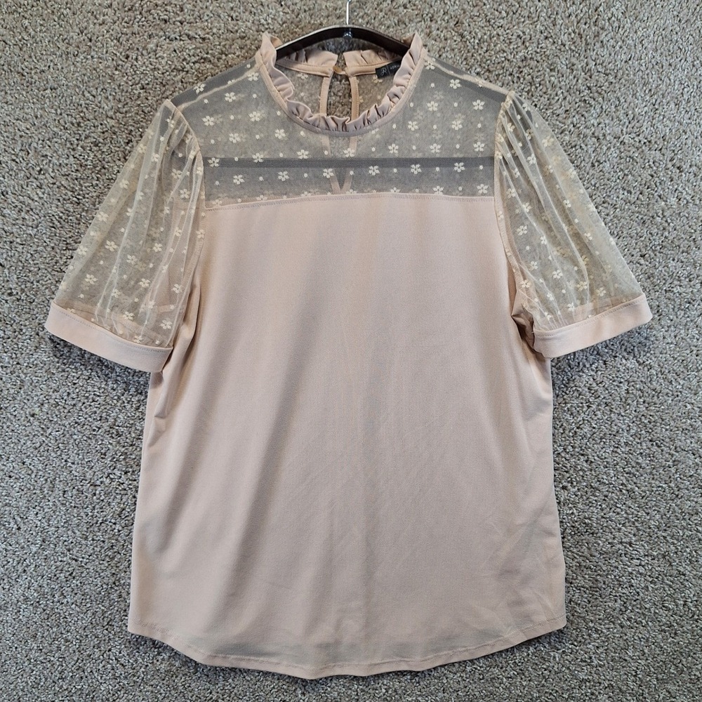 Adrianna Papell Blouse Womens M Pink Mesh Floral Sheer Lace Mock Neck Romantic